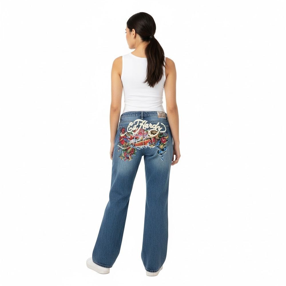 NWT Ed Hardy Women’s Multi Tattoo Baggy Jeans Size 34